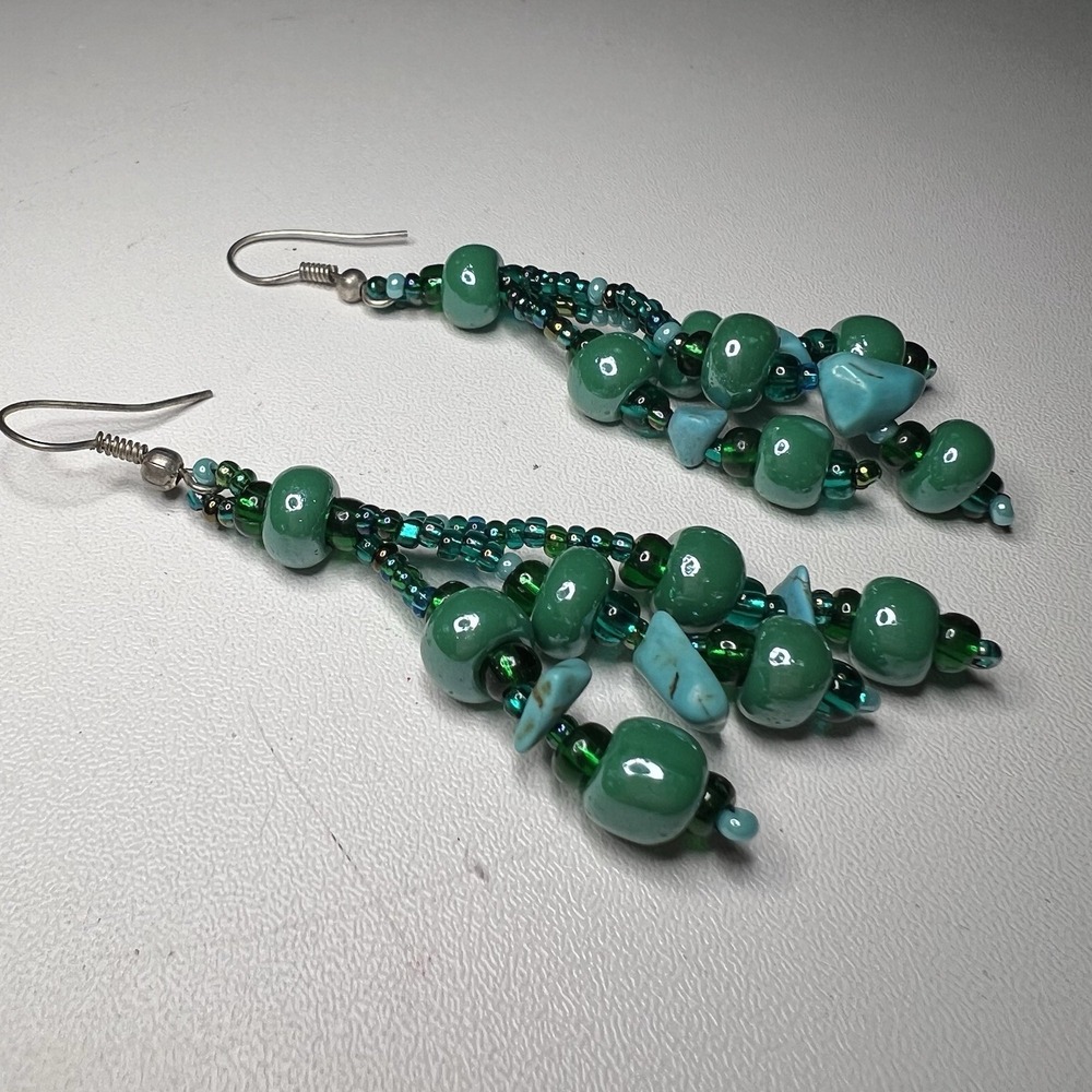 Green Teal Turquoise Cascading Chandelier Beaded Boho Cluster Dangle Earrings‎